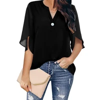 casual women chiffon v neck solid color breathable simple short ruffle doll sleeve summer beach polyester sexy club print