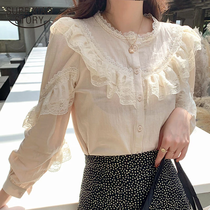 Womens Tops and Blouses 2022 Cotton Linen Blouse Button Solid Stand Collar Ladies Lace Tops Women Shirts Blusas Feminine 8049 50