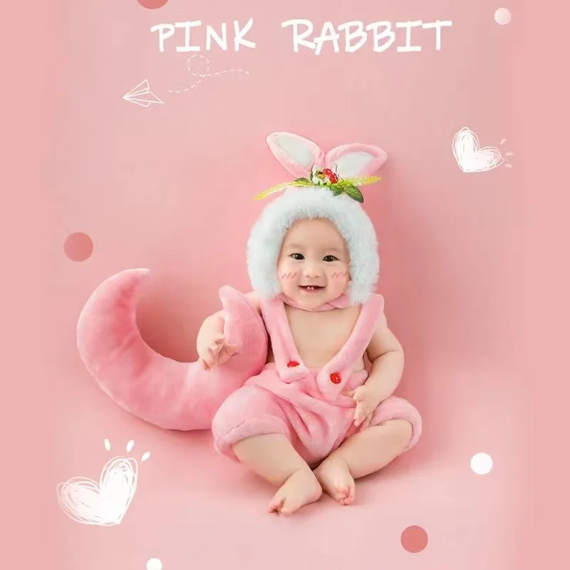 Dvotinst Newborn Photography Props Baby Plush Rabbit Furry Ears Hat Outfit Bunny Romper Moon Pillow Fotografia Shoot Photo Props