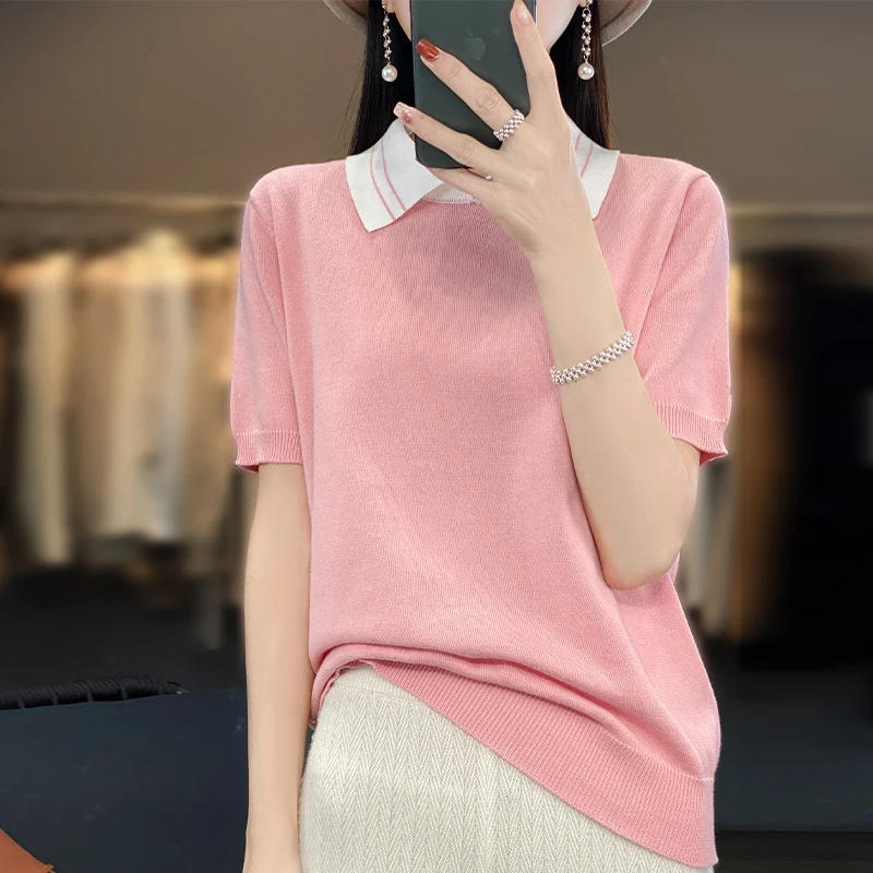 

4-color Summer Polo Neck Short Sleeve Women's Sweater T-shirt Comfortable Soft Solid Knitted 100% Cotton Women's New Line Pullov