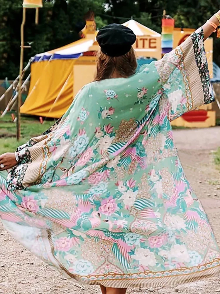 

Шифоновая Пляжная накидка с принтом, летнее кимоно, внешняя Обложка бикини, сексуальная Длинная богемная Праздничная накидка на купальник