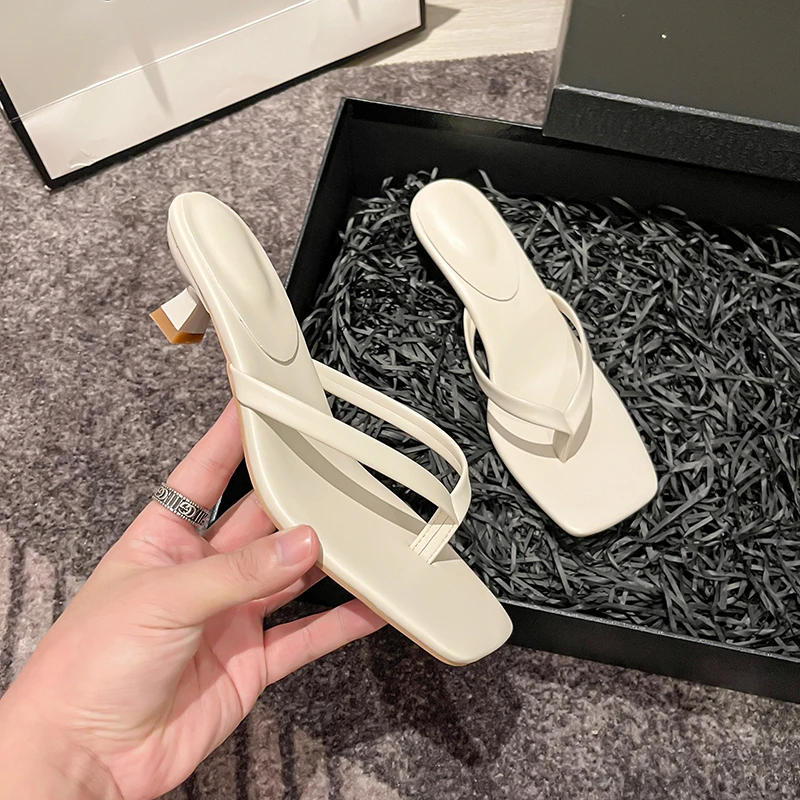 

Шлепанцы женские кожаные, однотонные сандалии на высоком каблуке, удобные модные мюли, сланцы, летняя обувь