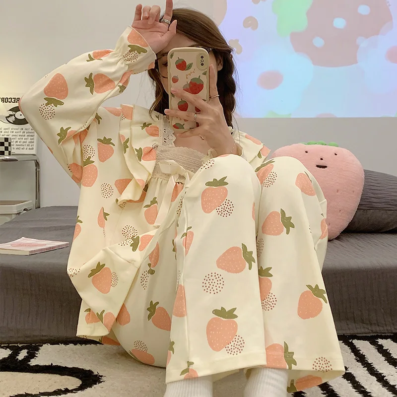 1 2023 women's pajamas women's lovely printing long cotton pajamas long sleeve shirt and sweet spring pajamas