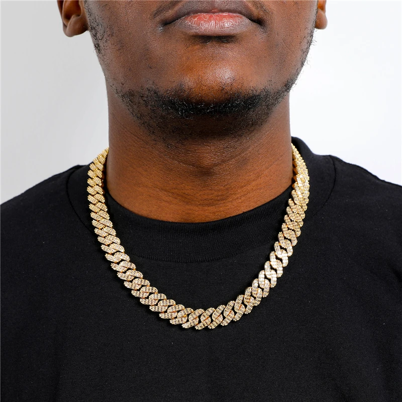 

14mm Miami Cuban Chain Necklace Brass Gold Color Iced Out Baguette Zirconia Paved Bling Rapper Necklaces Men Hip Hop Jewelry