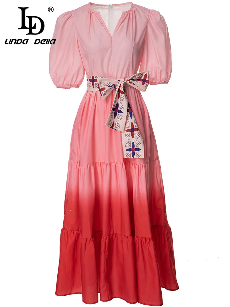 

LD LINDA DELLA Fashion Runway Summer Dress Women V-neck Puff sleeve Belted Printed Midi Dress