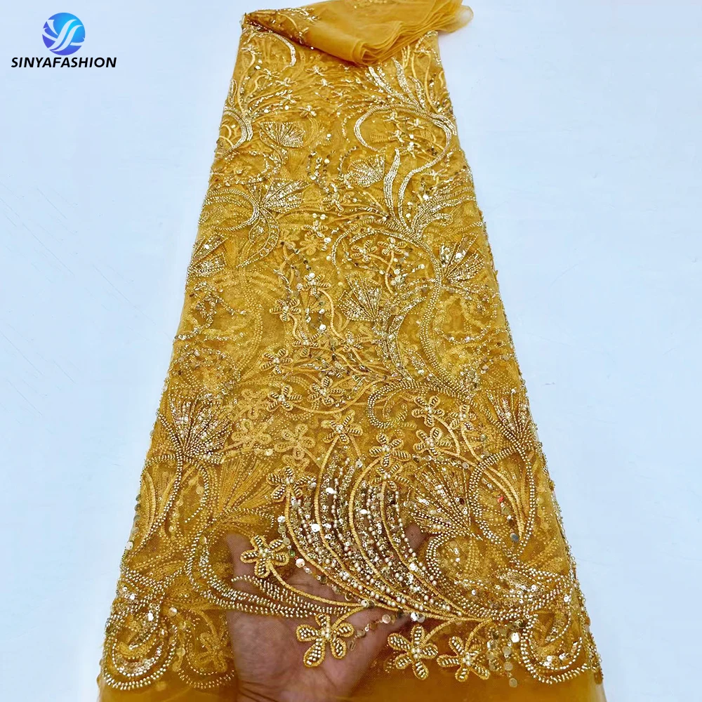 

Gold Luxury Heavy Sequins Pearls Beaded Lace Fabric High Quality French Net Embroidery Wedding Bridal Dress Materials 105