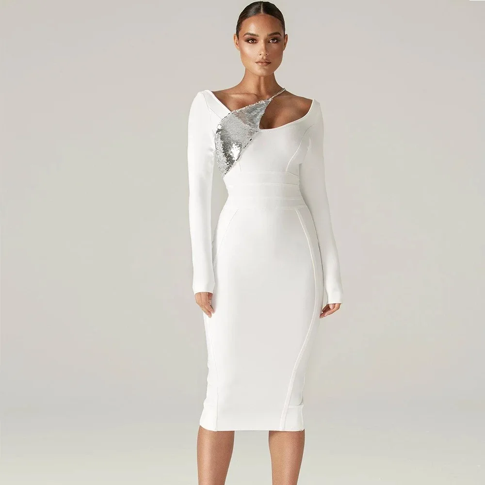 

Women One Shoulder Sequins Bodycon Bandage Long Sleeve Bandage Mini Dress Night Club Celebrity Bandage Dress Knee Length 2022