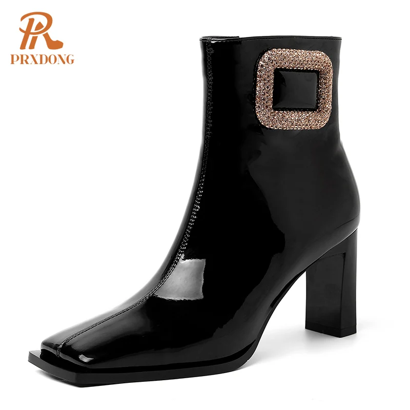 

Женские ботильоны из натуральной коровьей кожи PRXDONG, черные или абрикосовые ботильоны на высоком квадратном каблуке, осенне-зимний сезон 2022