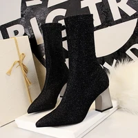 women short boots shiny sexy high heels short tube thick heel pointed toe temperament womens boots high heel boots 2022 new