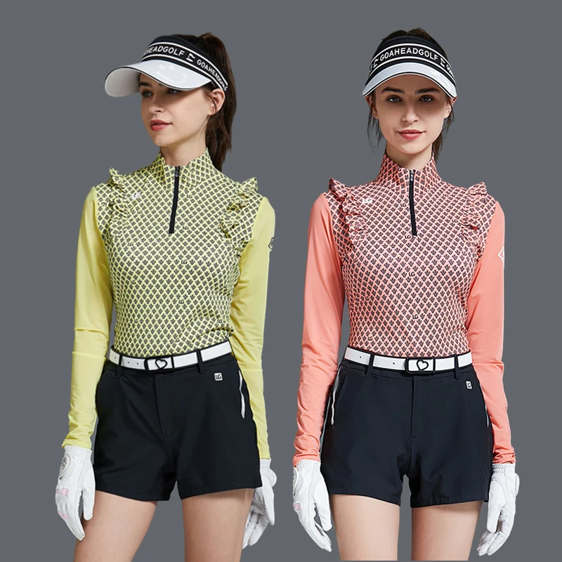 

Golf Women Ice Silk Long Sleeve T-shirt Summer Sun Protection Printed Ruffle Sleeves Zipper Stand Collar Golf Top Ladies Shorts