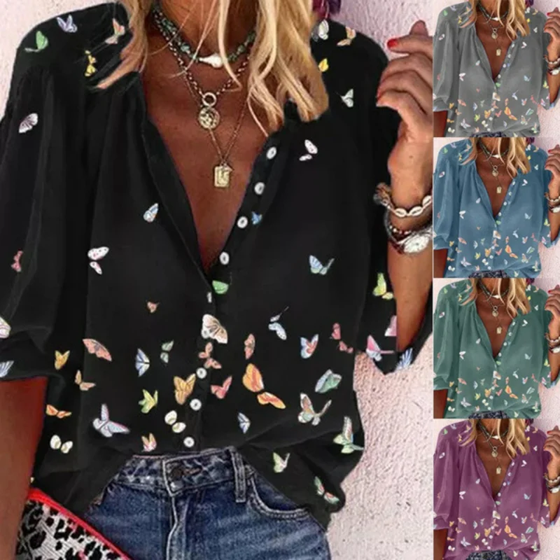 

Spring Polo Shirt Women Fashion Long Sleeve Lapel Shirt Butterfly Printed Shirt Women Ladies Tops