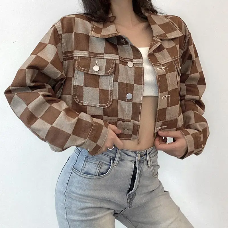 

Spring 2023 Fashion New Short Contrast Vintage Checker Single Breasted Long Sleeve Denim Coat Women's Trend H362