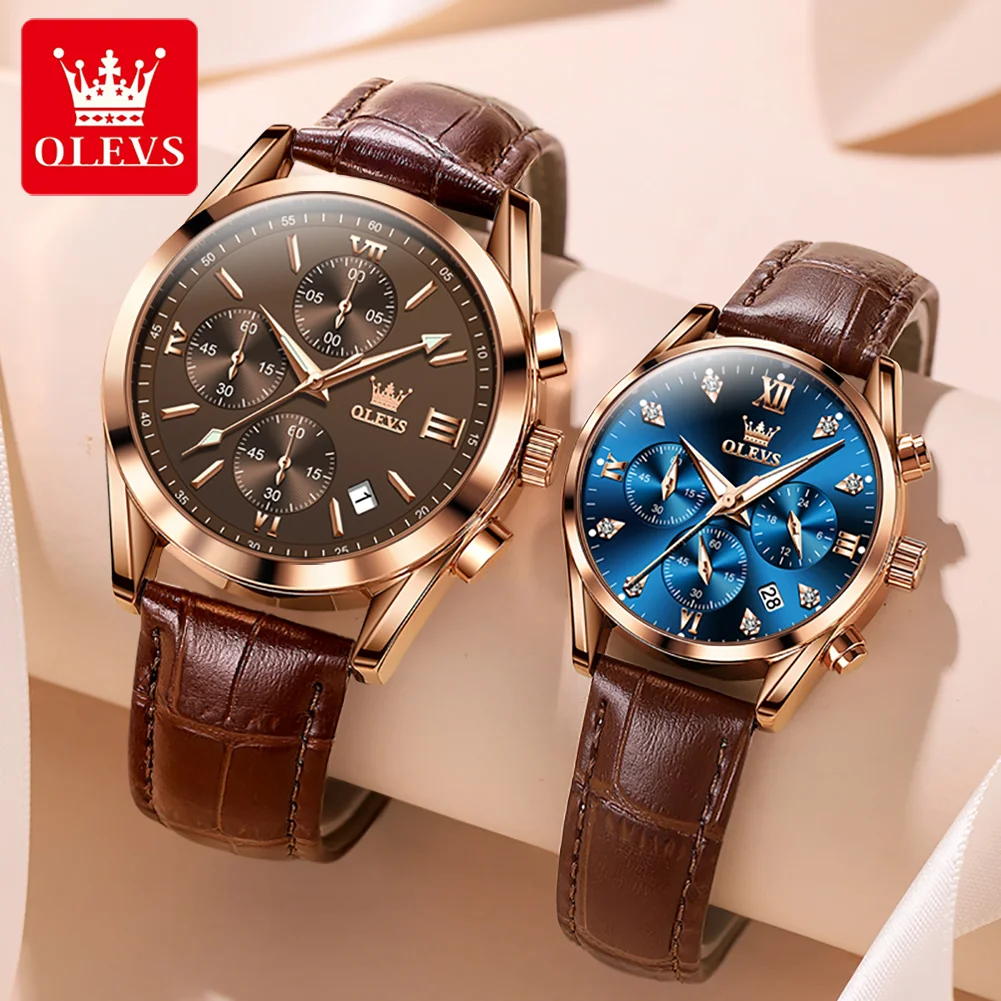 OLEVS Couple Watch for Men Women Waterproof Quartz Wristwatch Men Women Leather Strap Chronograph Design Lover's Watch Gifts