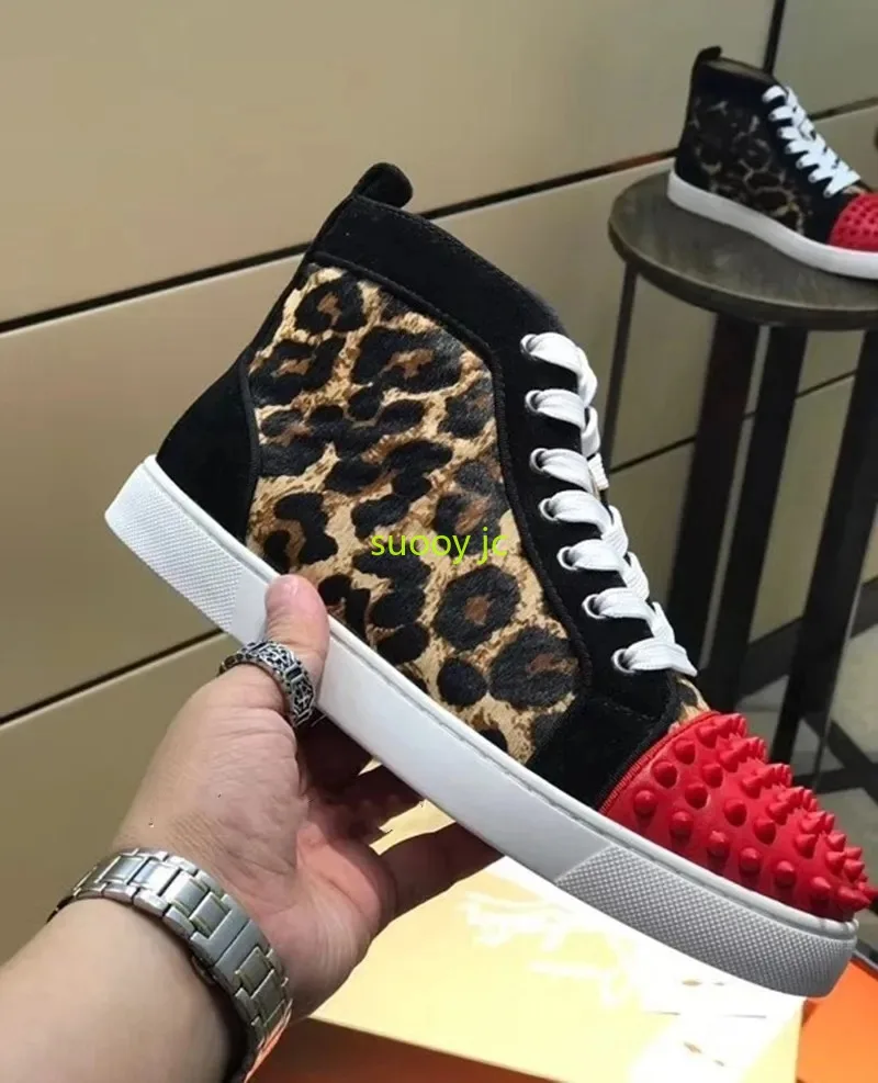 

Men's Sneakers Leopard Pattern Red sole shoes For men Red Head Spikes High Toe Flats Masculino Designers Chaussures Male