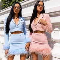 feather dress two piece skirt sets women fall elegant mini party dress outfit 2022 clothes crop tops cloaks jacket luxury suits