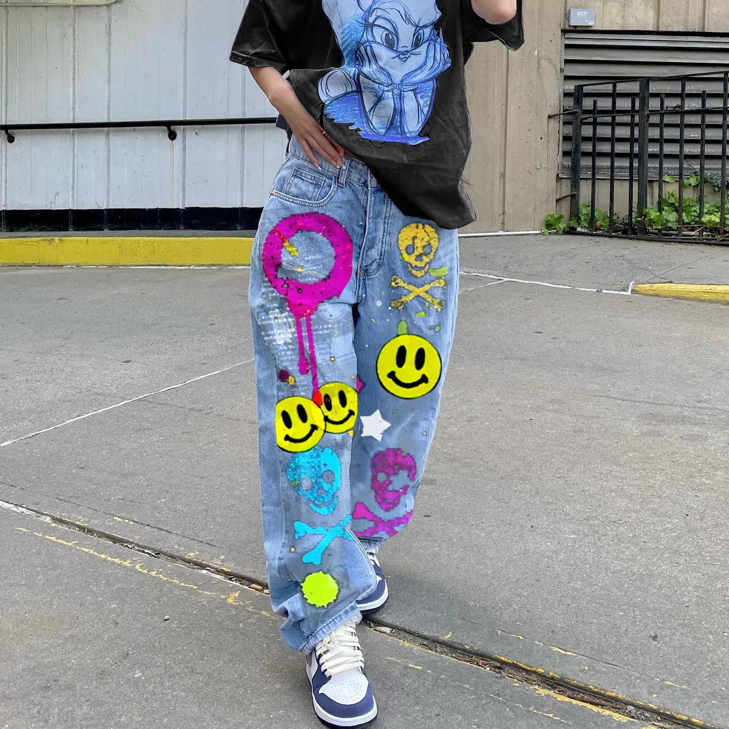 Women's autumn new hot selling American street INS blogger hip hop smiley pattern graffiti print straight jeans trousers