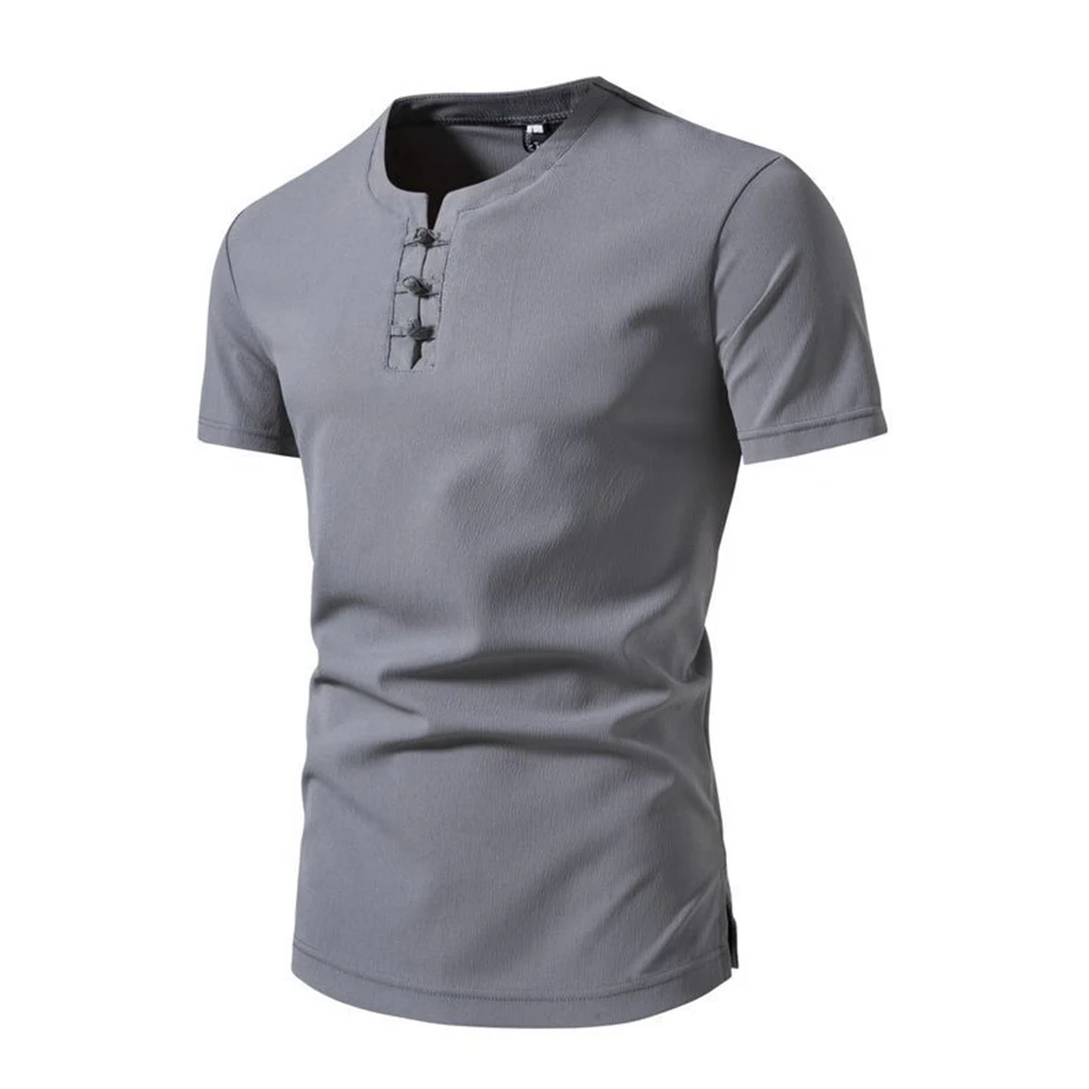

Mens Plain Short Sleeve Henley T Shirt Summer Casual Pullover Loose Top Blouse