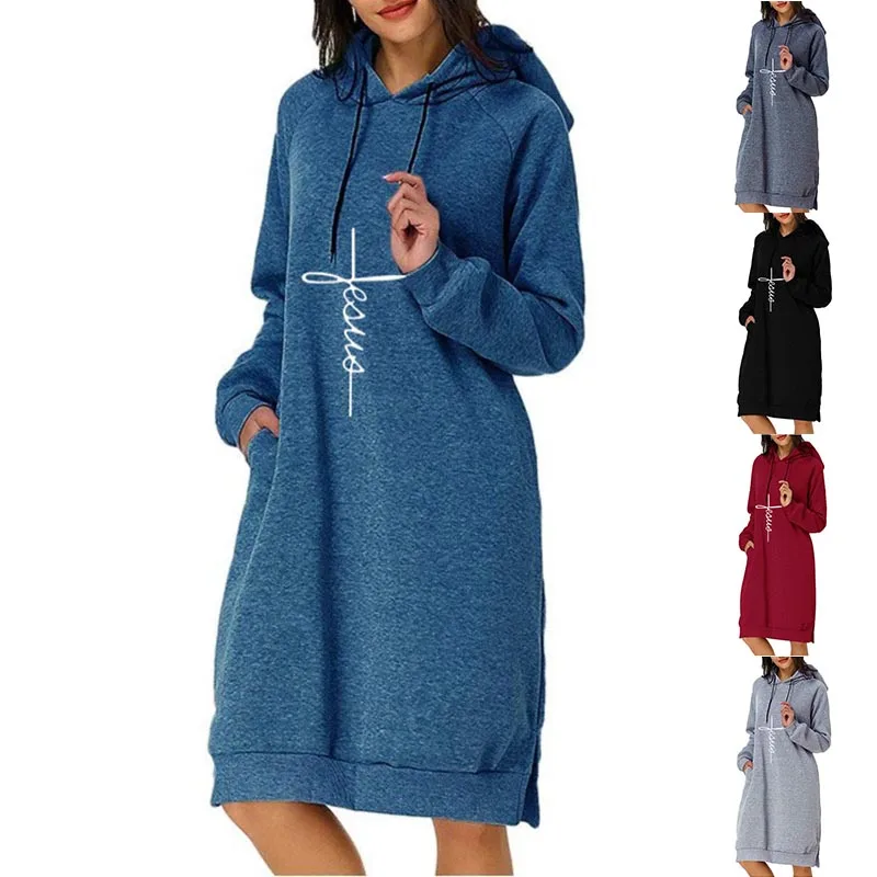 

2022 Women's Fashion New Autumn and Winter Cross Hooded Pocket Dress Mid-length Sweater