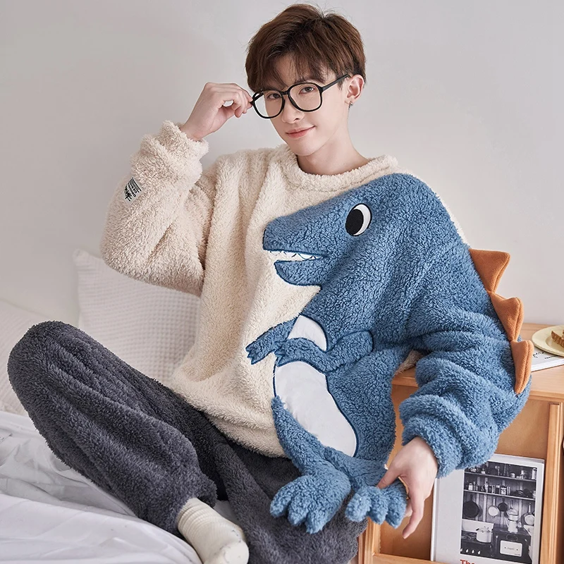 Пижама бархатная Длинная зимняя теплая мультяшная размер плюс фланелевая Милая Домашняя одежда с коралловым рукавом одежда для сна мужски...