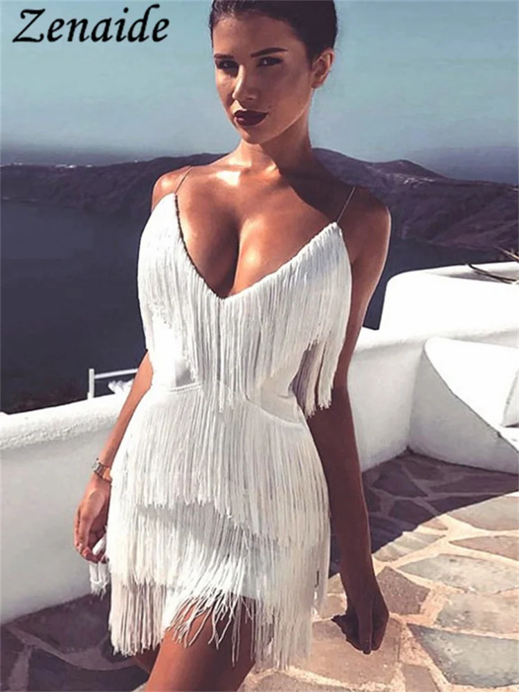 

Zenaide Tassel Party Evening Prom Dress Mini Spaghetti Strap Sleeveless Deep V Neck Sexy Bodycon Lady Dresses Summer 2023 Women