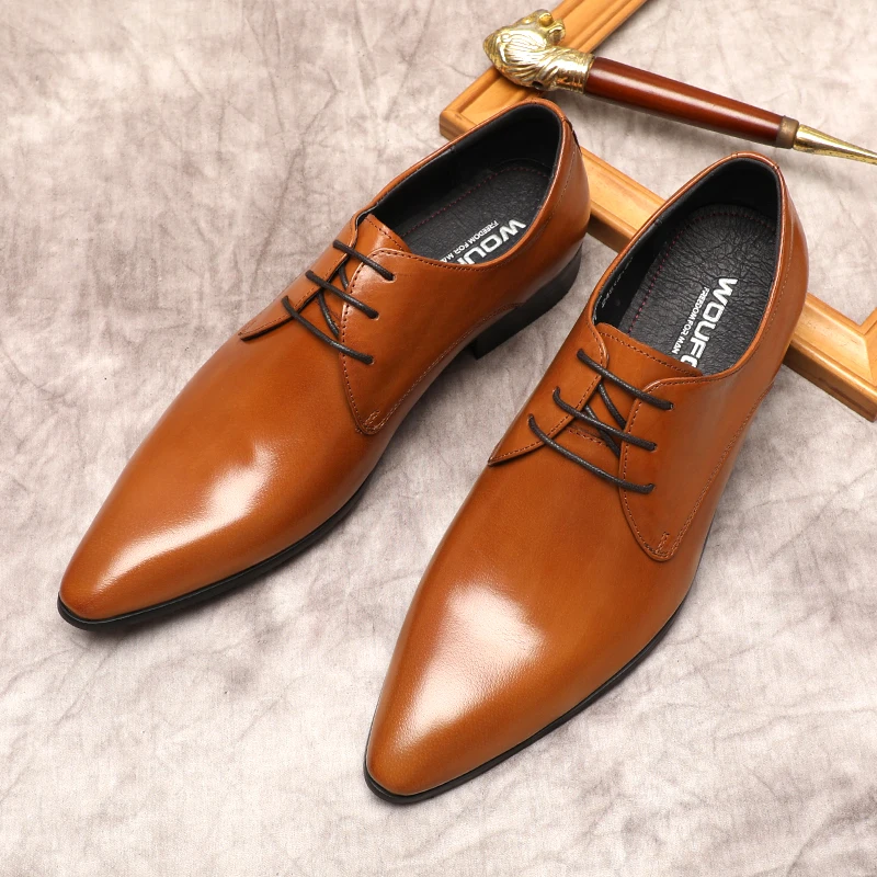 

Leather Formal Shoes For Men Genuine Leather Italian Dress Shoes Men Black Brown Lace Up Wedding Men's Pointy oxford Shoes