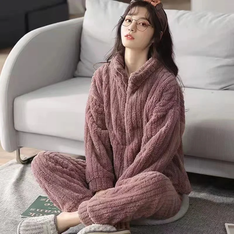 2022 New Women's Pajamas Sets Winter Thick Warm Flannel 2 Pieces/Sets Long Sleeve Trouser Suit Female Homewear Pijama