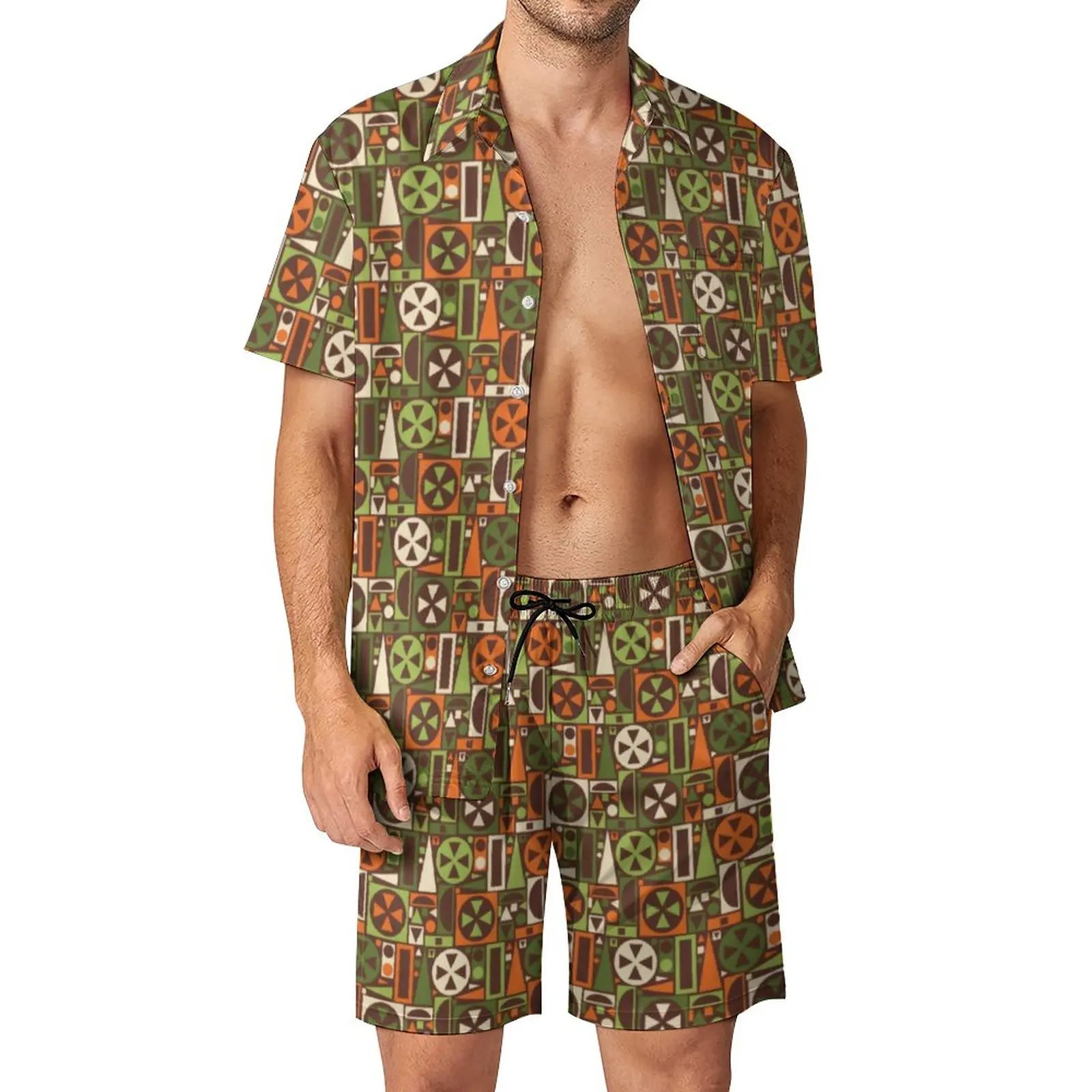

Мужские комплекты в стиле ретро среднего века, комплект повседневной рубашки в стиле ретро 50-60-х годов с геометрическим рисунком, трендовый пляжный костюм с шортами, одежда из двух предметов
