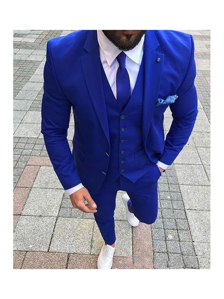 Blue Single Breasted Slim Fit Men Suit 3 Piece Skinny Groom Wedding Tuxedo Tailor Made Prom  Business (Jacket+Pants+