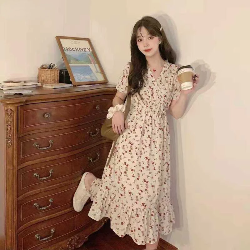 

Dress Women Korean Sweet Style Floral V-neck Fairy Leisure Girls Cute Flounced Edge All-match Prairie Chic Abdomen Elegant Teen