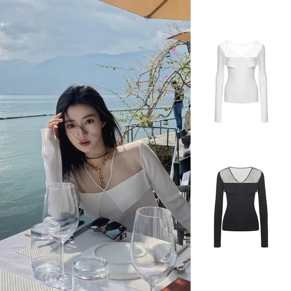 

Трендовая новинка, черная сексуальная прозрачная рубашка из органзы с V-образным вырезом, Соблазнительный топ с длинным рукавом