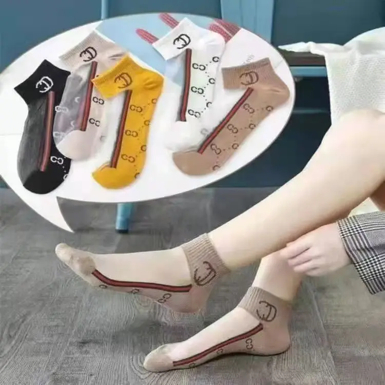 

Spring Summer Crystal Letter Women's Socks Ice Silk Boat Socks Spliced Low Tube Glass Silk Breathable Versatile Girls Cool Socks