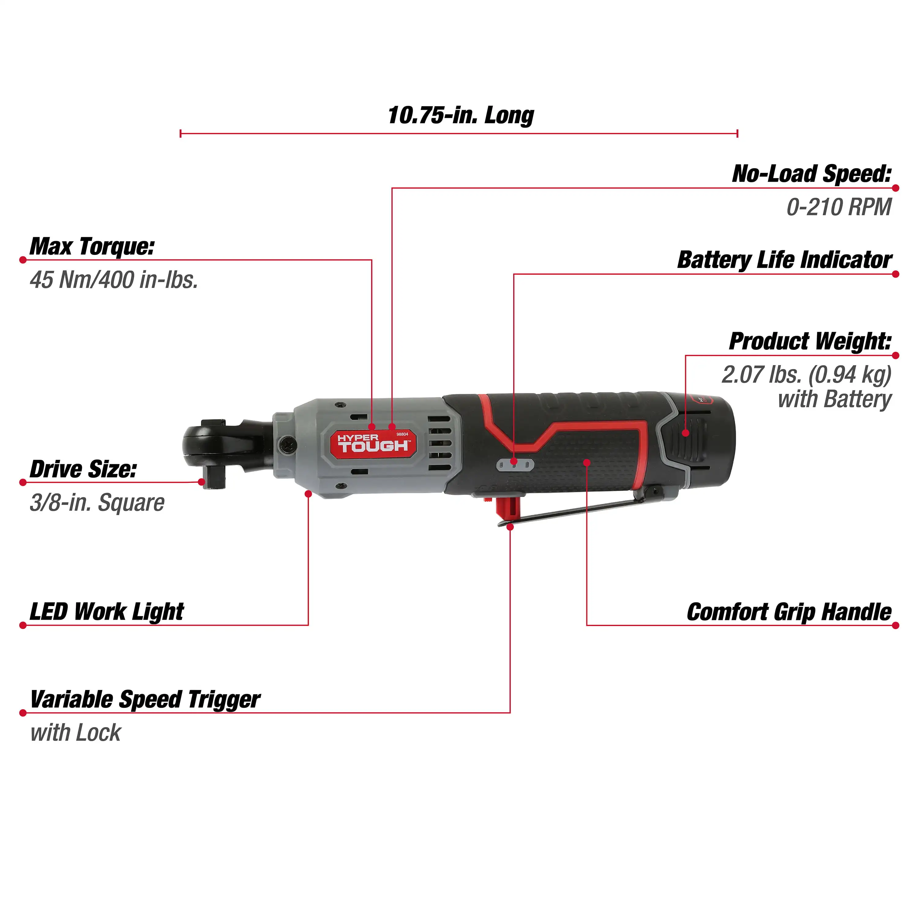 12V Max* 3/8-in Lithium-Ion Cordless Ratchet with 1.5Ah Battery & Charger, Model 98804 images - 6