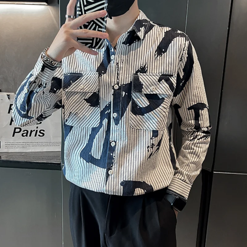 2022 Striped Letter Printed Shirts Men Autumn Long Sleeve Loose Casual Shirt Korean Streetwear Social Party Blouse Men Clothing