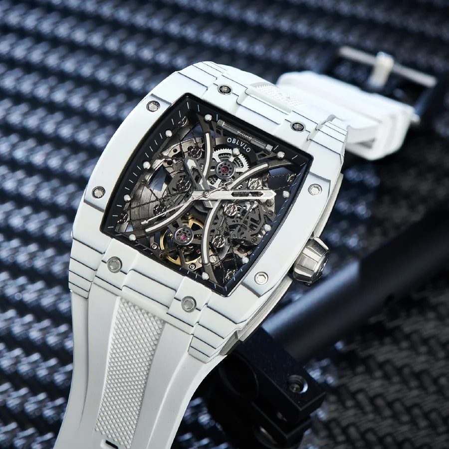 

OBLVLO Brand Men Automatic Mechanical Watch Fashion Skeleton Luminous Wine Barrel Carbon Fiber Case Rubber Strap Sapphire EM-S