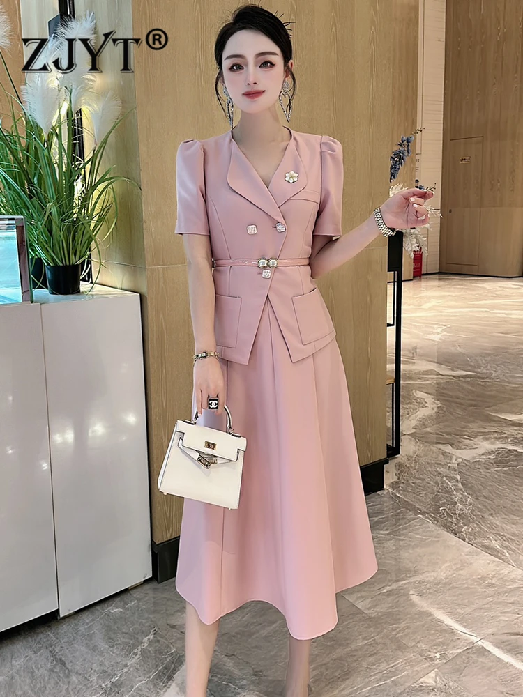 

ZJYT Summer Lady Office Dress Sets Two Piece for Women Outfit Pink Elegant Midi Skirts Top Matching Suit Conjuntos De Falda 2023