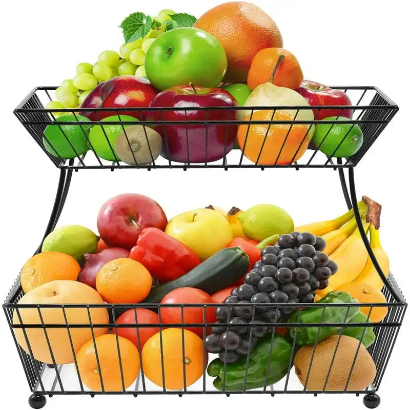 

Bread Basket, 2 Tier Countertop Rack, for Vegetable, Snacks, Household Items, Kitchen Storage Organizer, (Black)