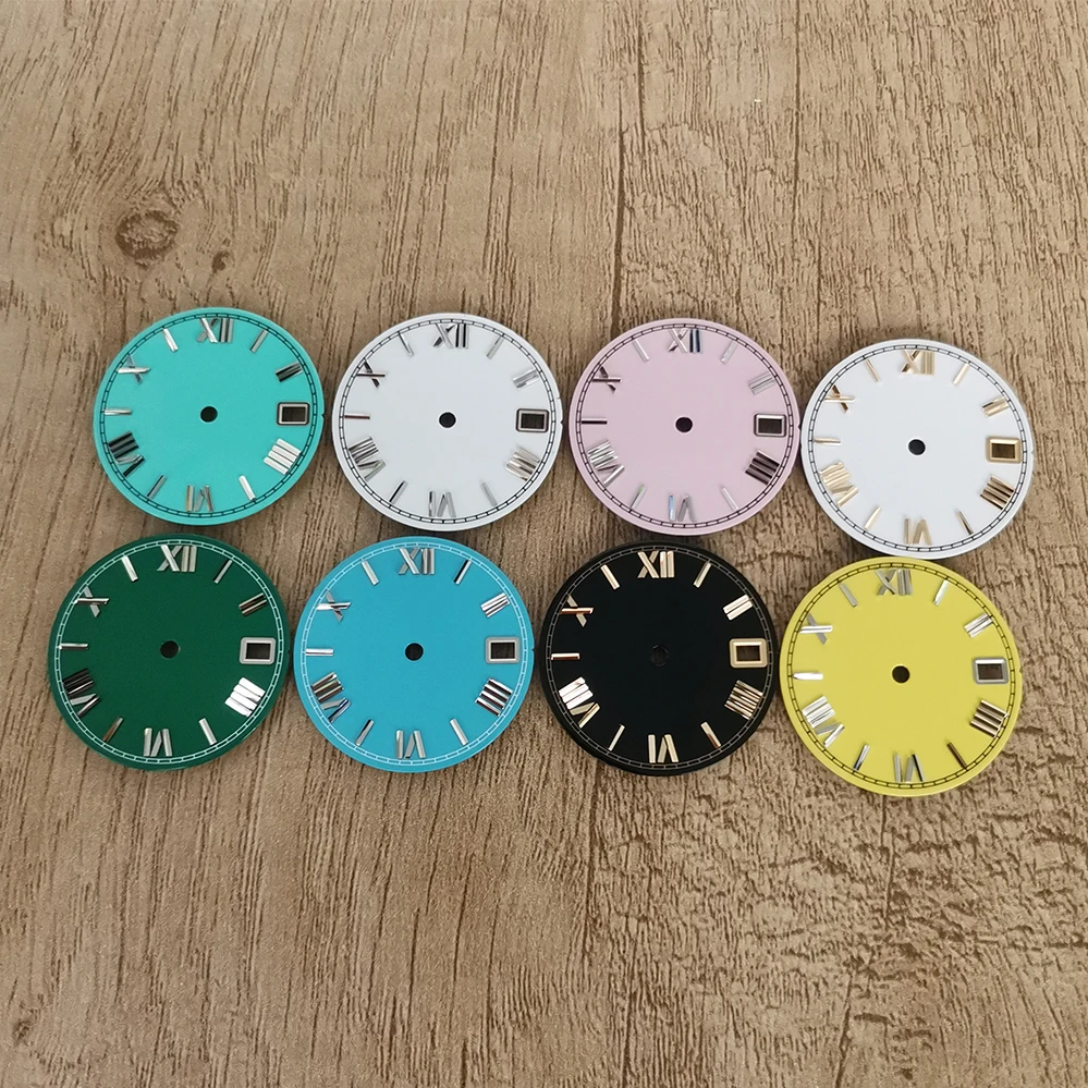 

NH35 Dial 28.5mm dial blue pink yellow white Enameled Roman index for NH35/36/4R/7S movement 007 Watch Accessories Date