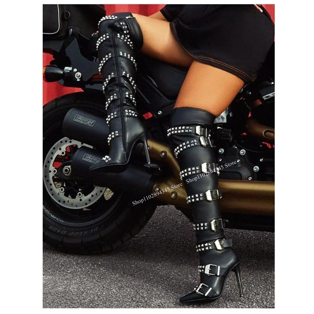 

Black Rivet Buckle Boots Over Knee High Thin High Heel Fashionable Sexy Novel Style Summer 2023 Woman Shoes Zapatillas Mujer