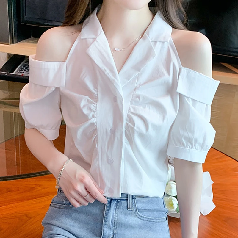 

Summer Women's Short Sleeve Off Shoulder Suit Collar Solid Pleated Commuter Shirt Camisa Cuello Peter Pan Mujer Women Tops C831