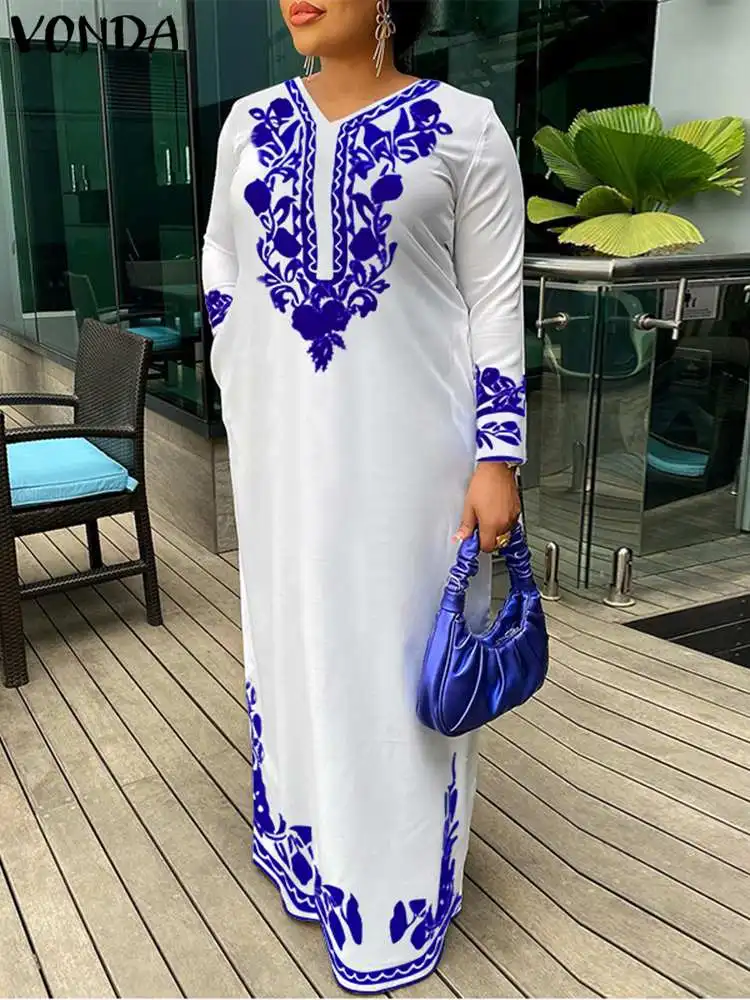 

2022 модное женское платье VONDA с принтом, с V-образным вырезом, свободное вечерние нное вечернее платье с длинным рукавом, уличные Макси-платья