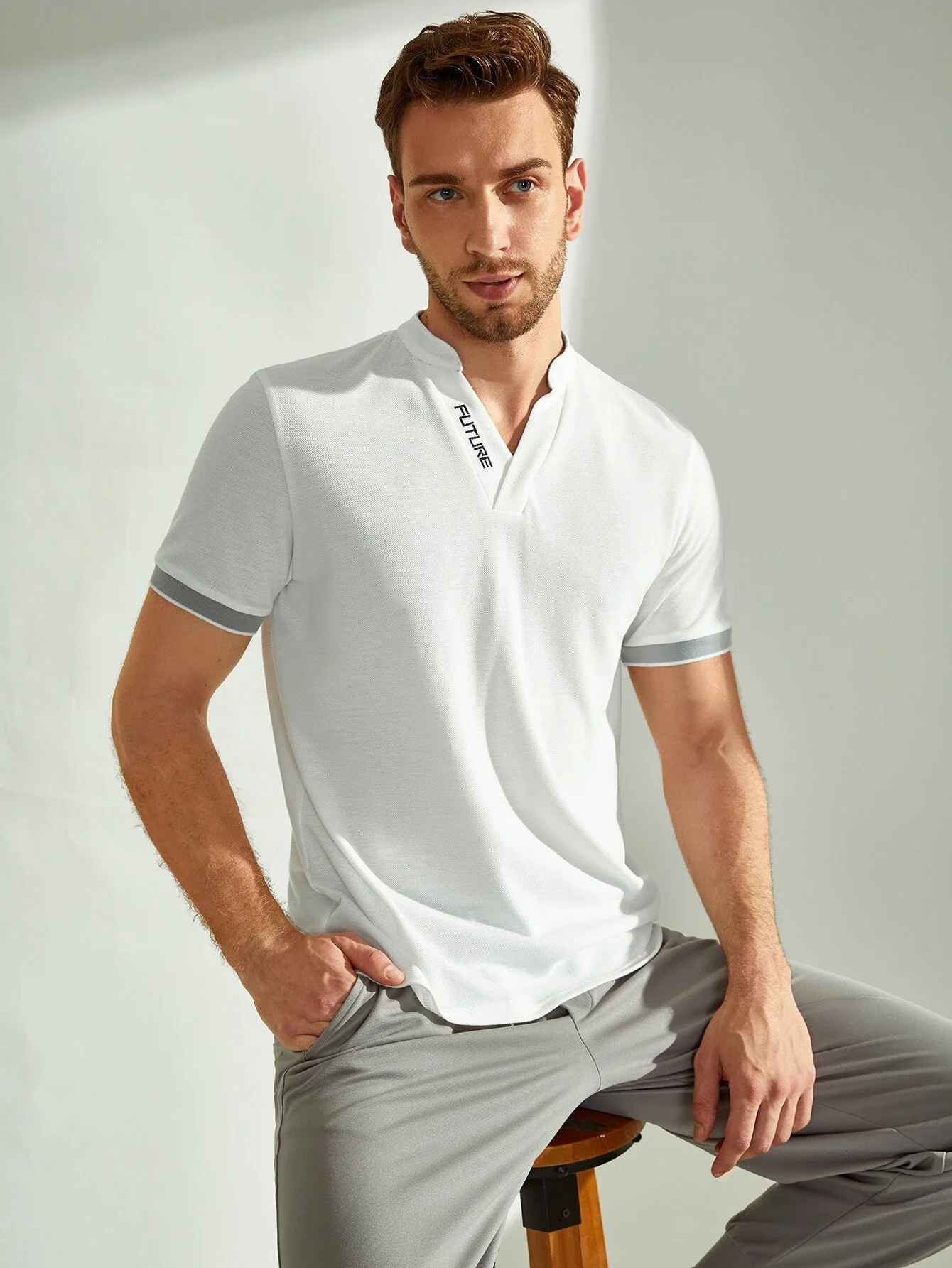 

Men Notch Neck Embroidery Letter Ringer Tee