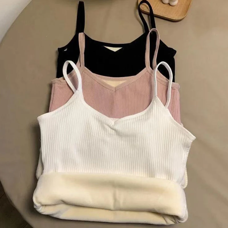 

Winter Velvet Thickened Undershirt Women Solid Color Slim Cozy Thermal Underwear Camisole Warm Sling Vest Top Bottoming Clothing