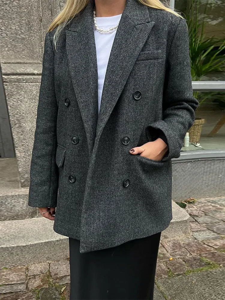 

Женский однотонный двубортный блейзер с карманами и длинными рукавами, осенняя теплая куртка с лацканами, 2023