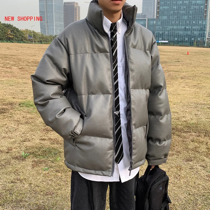 High-Quality Warm PU Leather Oversize Paka New 2022 Autumn Winter Men Jackets Loose Puffer Parkas Short Coat Man Overcoat Black