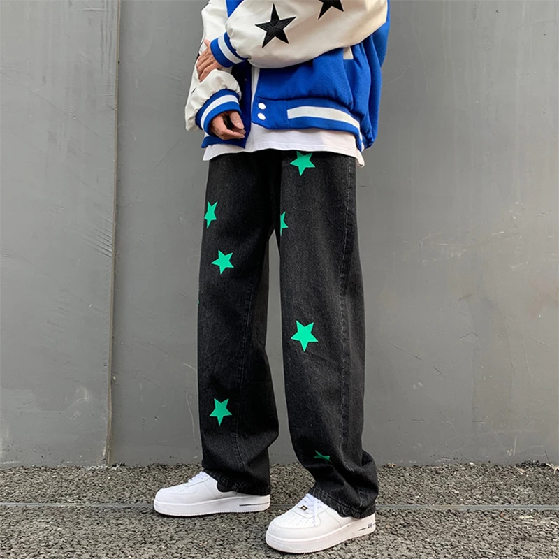 Four Seasons Men's Jeans Trend Pentagram Print Straight Loose Wide Leg Pants Fashion Men's Streetwear Ins Hot Sale Men Clothing