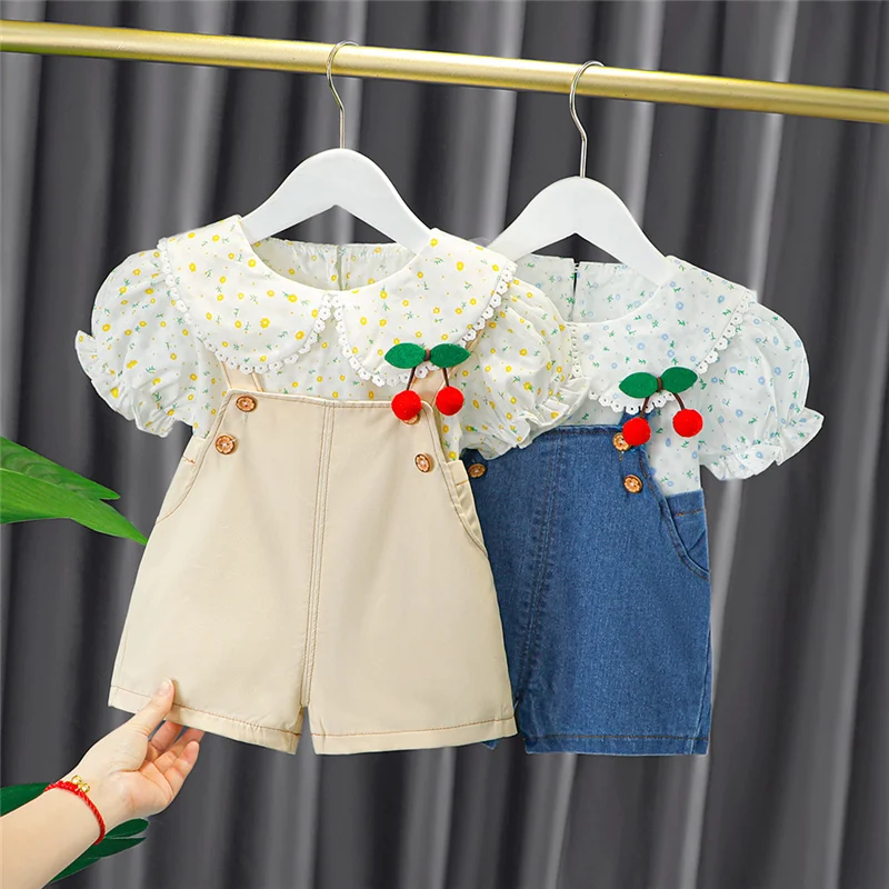 

Baby Girl Clothes Suit Cute Kids Summer Sweet Puff Sleeve Lace Lapel Flower Print+Siamese Sling Pants 2Pcs Sets Girls Outfits