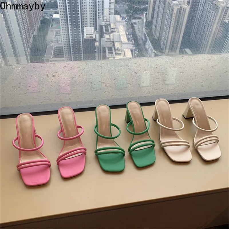 

2022 New Square Toe Women Narrow Band Slipper Summer Outdoor Thick Heel Slides Shoes Fashion Ladies Pink Dress Shoe