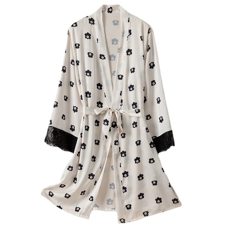 Long Sleeve Lace Women Robe Nightgown Sleep Dress V Neck Printing Kimono Sleep Dress Ice Silk Loose Lounge Home Clothes