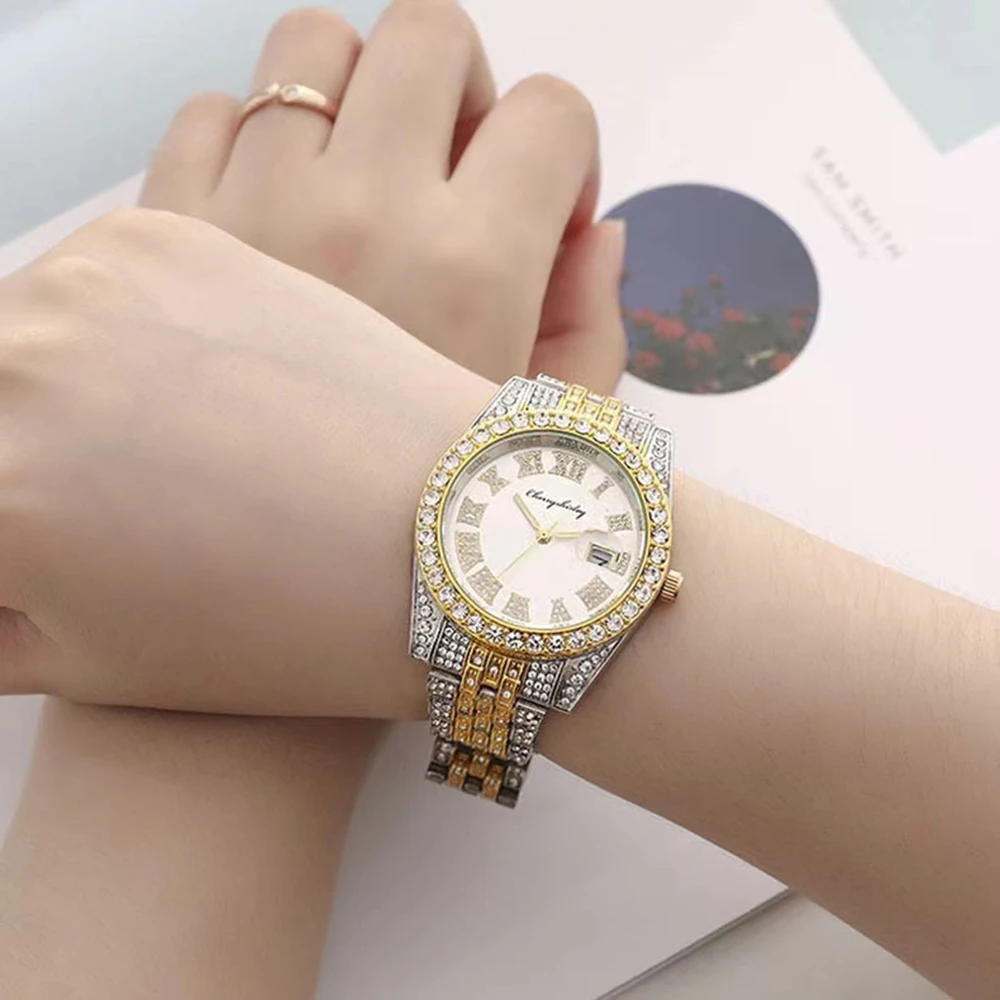 5Pcs Women Watch Luxury Full Diamond Elegant Quartz Watches For Ladies Retro Simulation Color Gemstone Party Jewelry Sets