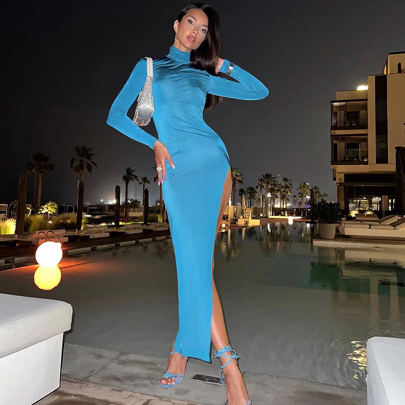 

Mandylandy Women Elegant Spring Autumn Bodycon Evening Dress Fashion Female Y2K Long Sleeve Stand Collar Slit Long Party Dress
